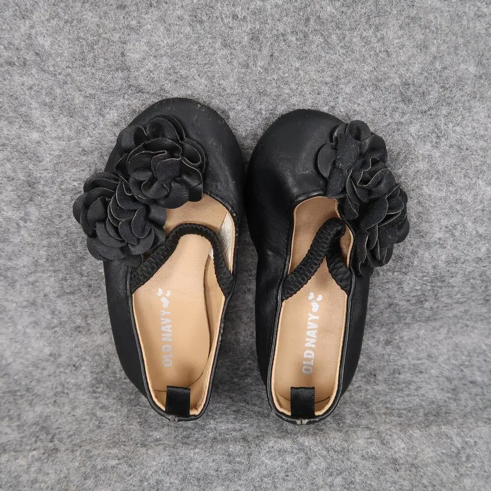 Old Navy Shoes Baby Girls 5 Mary Jane Flats Flower Black Slip On Closed Toe